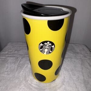 Starbucks Coffee 2015 12oz Yellow Black Polka Dot Ceramic Travel Tumbler Mug EUC